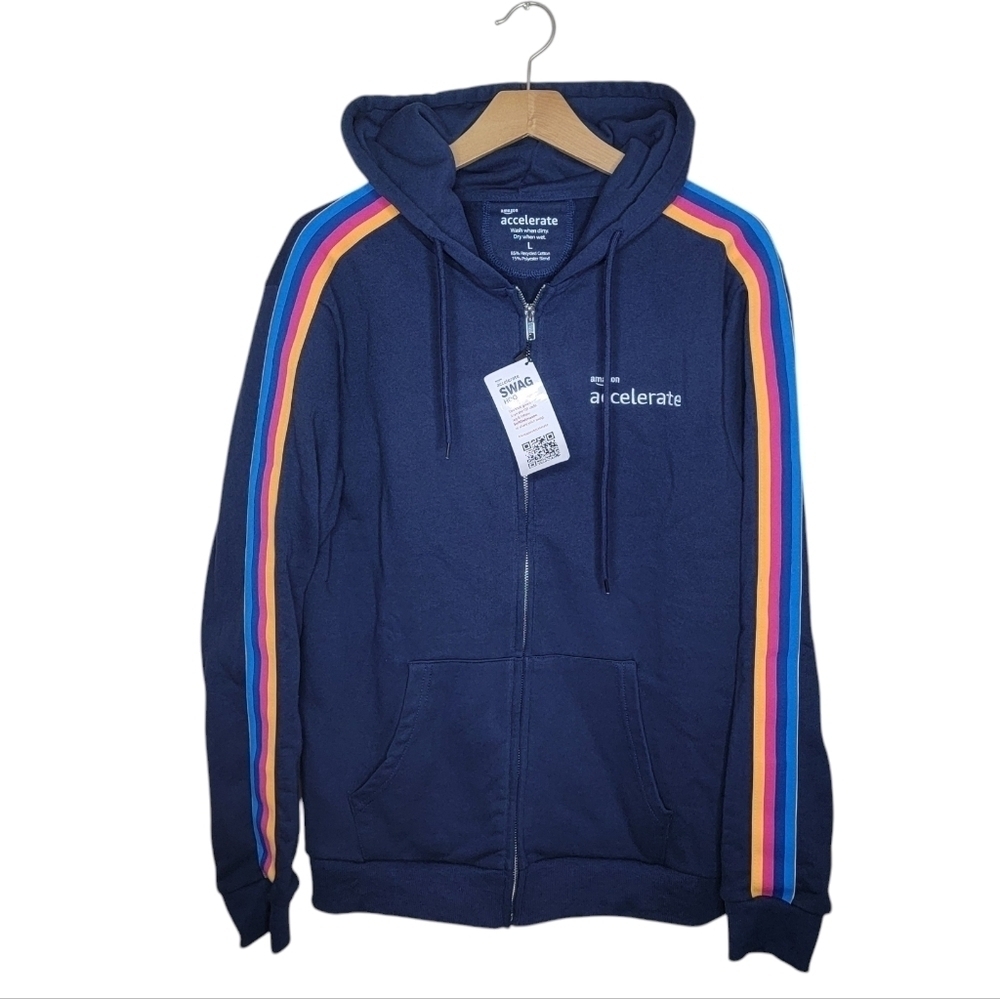 NWT Amazon Accelerate Navy Hoodie Swag Jacket with Rainbow Stripes Size Large